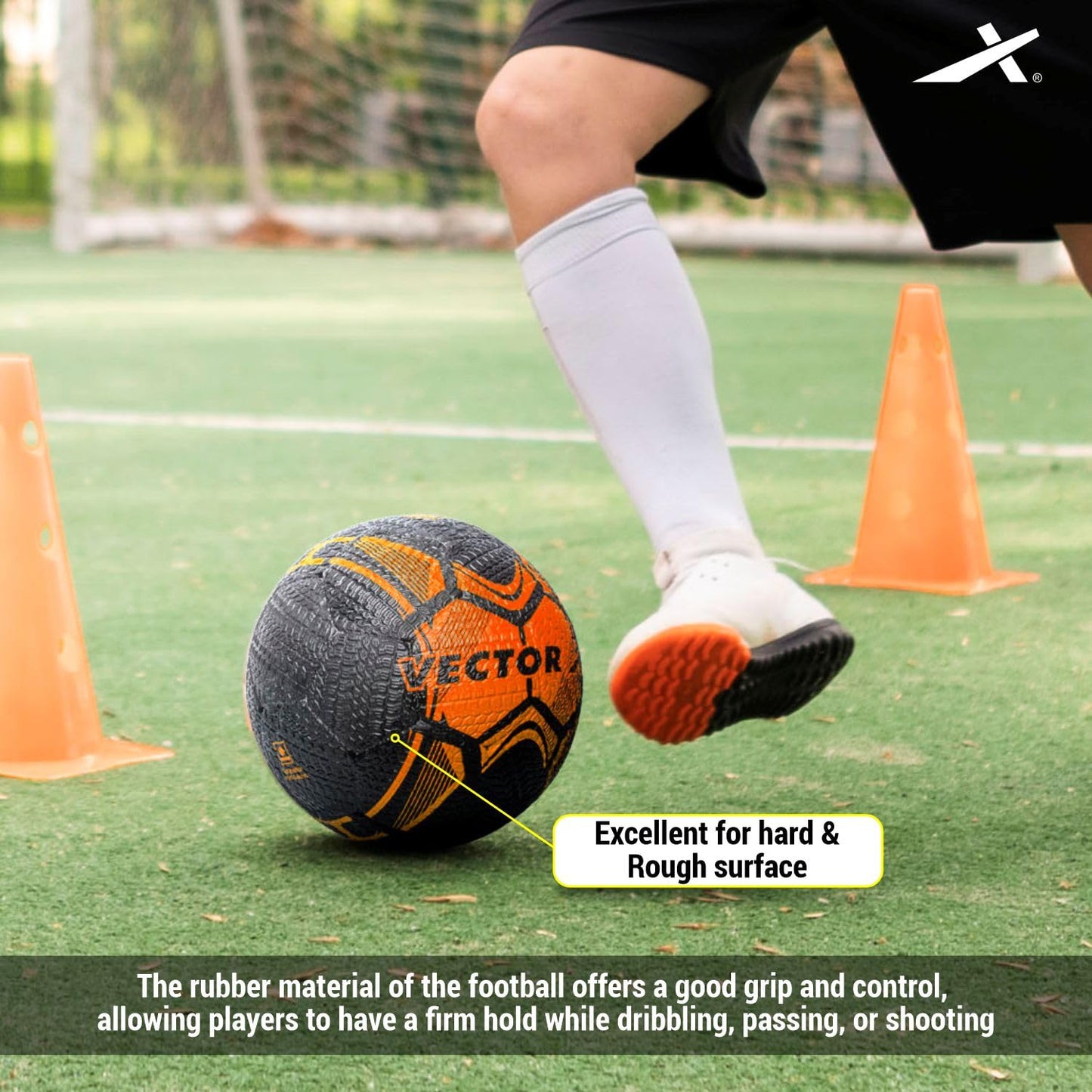 Street Soccer Rubber Moulded Indoor/Outdoor Water-Resistant Football + Pump with Butyl Bladder, Black-Orange, Size 5, Suitable for Match and Training for Adults 15+ Years