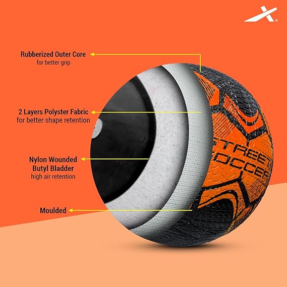 Street Soccer Rubber Moulded Indoor/Outdoor Water-Resistant Football + Pump with Butyl Bladder, Black-Orange, Size 5, Suitable for Match and Training for Adults 15+ Years