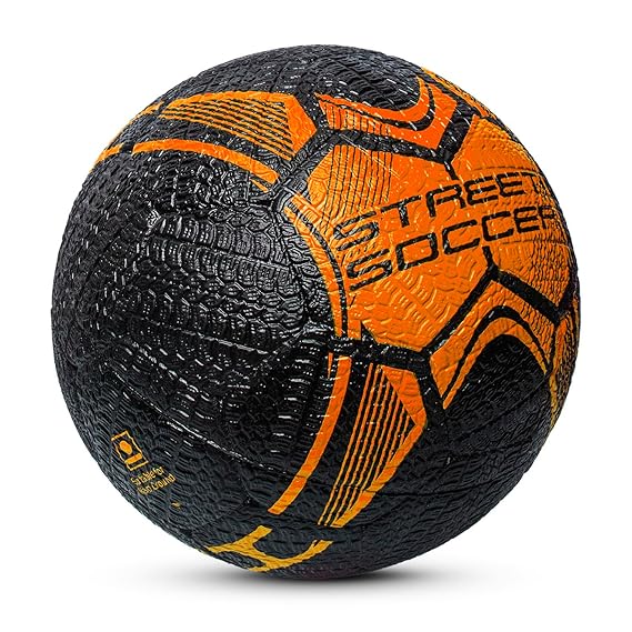Street Soccer Rubber Moulded Indoor/Outdoor Water-Resistant Football + Pump with Butyl Bladder, Black-Orange, Size 5, Suitable for Match and Training for Adults 15+ Years