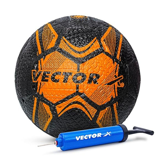Street Soccer Rubber Moulded Indoor/Outdoor Water-Resistant Football + Pump with Butyl Bladder, Black-Orange, Size 5, Suitable for Match and Training for Adults 15+ Years