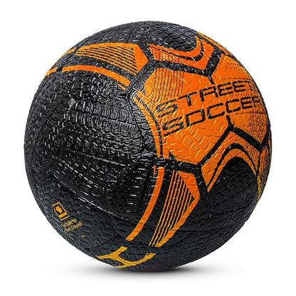 Street Soccer Rubber Moulded Indoor/Outdoor Water-Resistant Football + Pump with Butyl Bladder, Black-Orange, Size 5, Suitable for Match and Training for Adults 15+ Years